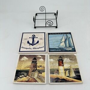 Annapolis Maryland Nautical Coaster Set of 4 Ceramic Lighthouse Sailboat Anchor